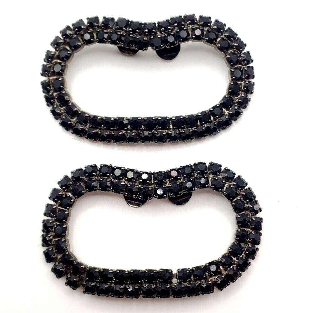 Jet Black Rhinestone Shoe Clips Oval Art Deco Dark Academia Gothic‎ Elegant Pair